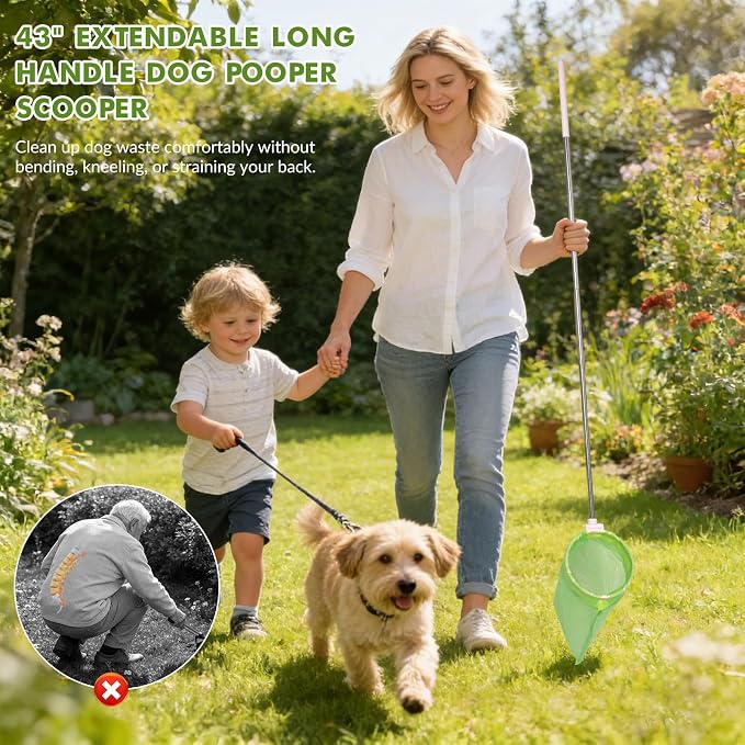 Dog Pooper Scooper, 43" Extendable Pooper Scooper Long Handle with Bag Attachment(120pcs), Portable Poop Scoop for Small Medium Large Dogs, No Touch Avoid Bending Over, Suit for Yard, Park, Wild,City