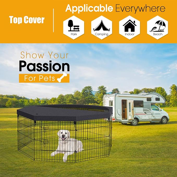 Dog Playpen Top Cover Only for 8 Panel 24 Inch Pet Playpen, Black Mesh Shade Cover for Small Medium Pets, Indoor Outdoor Use, Octagonal Shape, Fence Panels Not Included