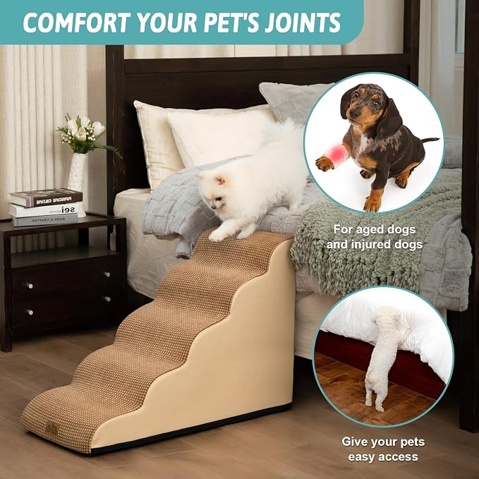 COZY KISS Dog Stairs for High Bed 22.6" H, Small Dog Step for Puppy, Older or Cat, Curved Ramp for Car, Ladder with High Density Foam, Lightweight, Durable, 5 Step, 15.7x33x22.6 inch, Light Brown