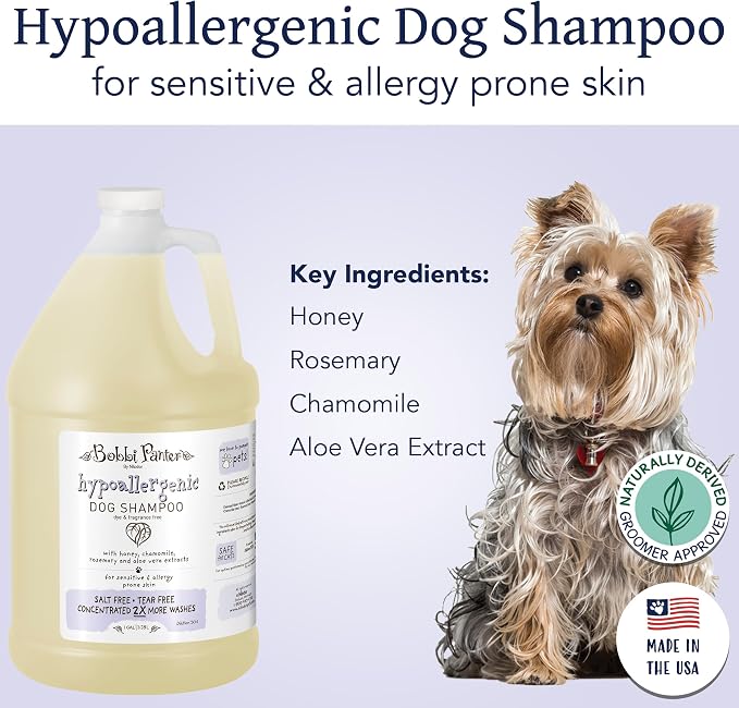 Bobbi Panter Hypoallergenic Dog Shampoo Honey, Aloe Vera, Chamomile & Rosemary – Dye & Fragrance Free Natural Formula for Sensitive & Allergy Skin, Tear-Free, 30:1 Concentrate, Made in USA, 1 Gallon