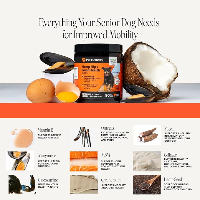 Pet Honesty Vet Recommended Hip and Joint Supplement for Dogs, 90 Count | Advanced strength dog joint supplement with glucosamine chondroitin, chicken, supports mobility, eases stiffness
