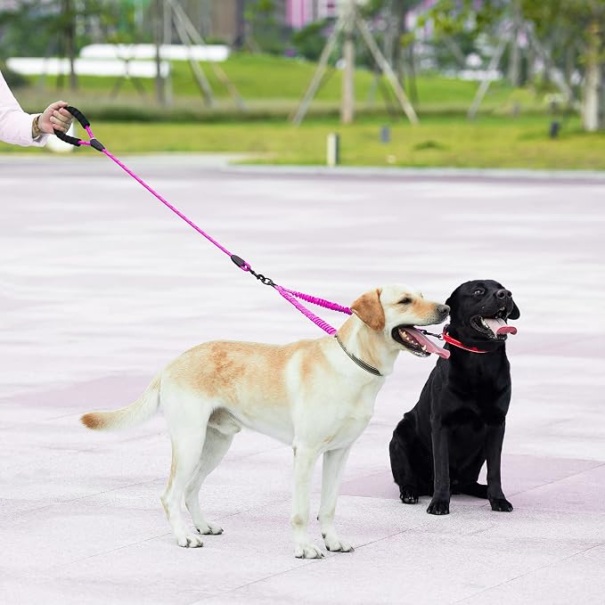 iYoShop Double Dog Leash, 360° Swivel, No Tangle, Large, 25-150 lbs, Pink | Dual Leash for Two Dogs, Split Leash, Shock-Absorbing Bungee, Padded Handle, Heavy-Duty Rope