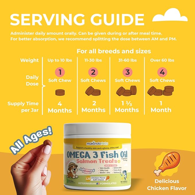 Omega 3 for Dogs Fish Oil Salmon Treats. Dog Skin & Coat Support 120 Chews