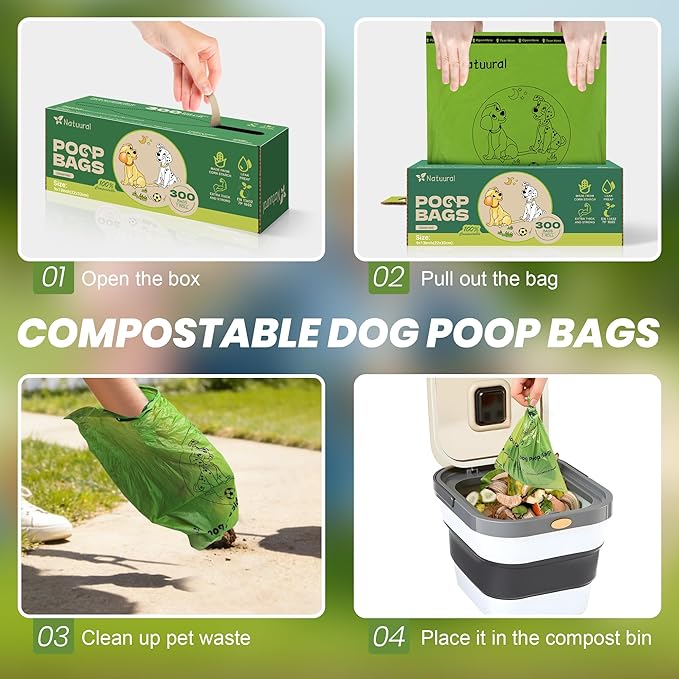 Compostable Dog Poop Bags-300 Bags 1Rolls, Poop Bags for Dogs Made of Cornstarch, Unscented, Ideal for Backyard or Home and Cat Litter Disposal