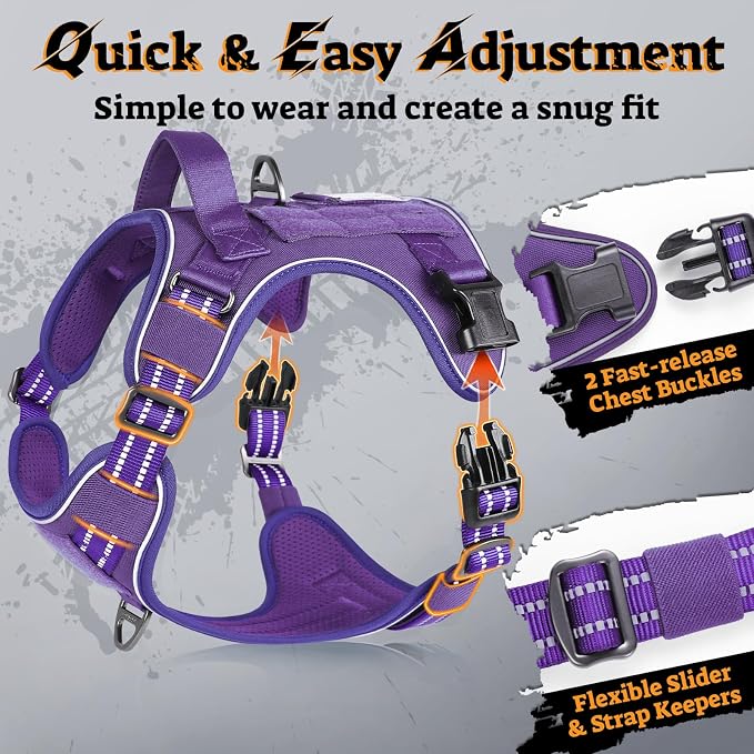 rabbitgoo Tactical Dog Harness for Large Dogs, No Pull Service Pet Vest | Military Molle System & Easy Control Handle, Adjustable and Reflective for Walking and Training, Purple, Large