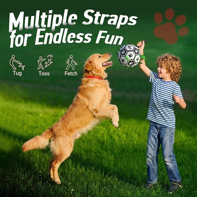 QDAN Large Dog Toys, Soccer Ball for Dogs with Straps, 9 Inch Big Dog Ball | Training Soccer Balls for >90 lbs Dogs, Giant Herding Ball for Dogs, Interactive Water Pool Toys for Tug Chase, Dog Birthday