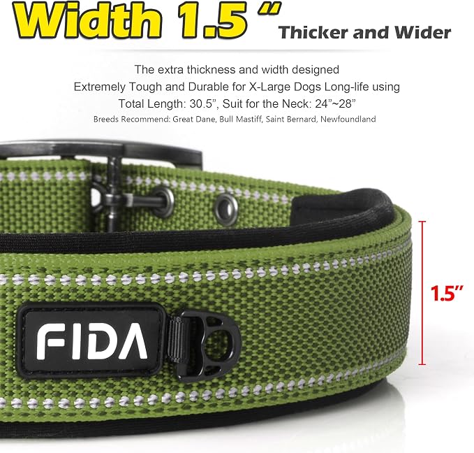 Fida Heavy Duty Dog Collar for Large Dogs with Metal Belt Buckle, Green | 1.5" Width, Soft Neoprene Padded, Thicker Nylon Webbing, Adjustable Fit, Reflective Stitching for Night Safety