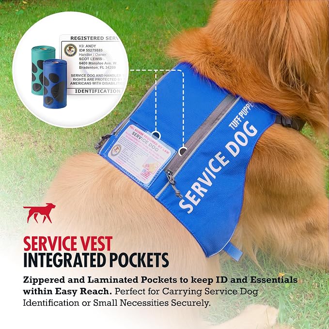 Tuff Pupper Service Dog Vest with ID Pocket | No Leash Attachment | Quick-Release Magnetic Buckles | Reflective Trim | Adjustable Fit | Comfortable & Durable | Designed for Small Dogs (Blue, Medium)