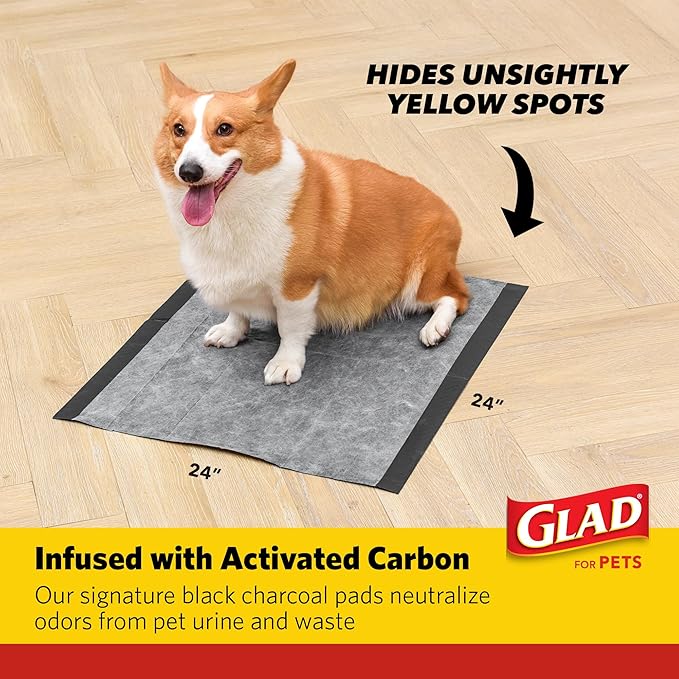 Glad for Pets XL Charcoal Training Pads, Activated Carbon Odor Control with Heavy Duty Leak-Resistant Layers, Quick-Dry Quilted Top Surface, Indoor Potty and Crate Liner, 24 x 24 in, 30 Count