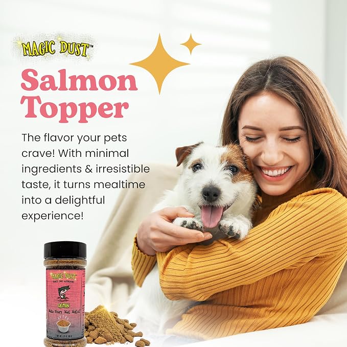 Magic Dust Salmon Jerky Topper, Single Protein Pet Food Topper for Dogs & Cats, Enhance Flavor & Elevate Mealtime Excitement for Picky Eaters - 3.5 Ounce Bottle in Salmon Flavor