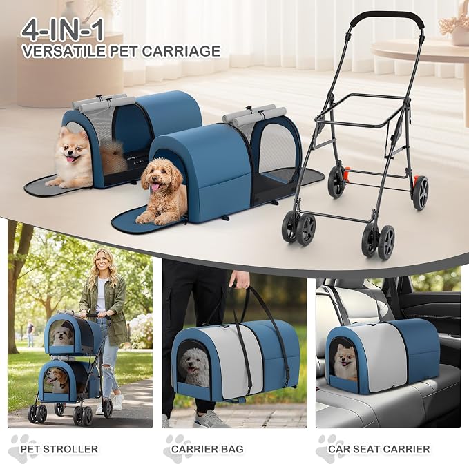 MoNiBloom Double Pet Stroller - Navy Blue/Gray, 4 Wheels