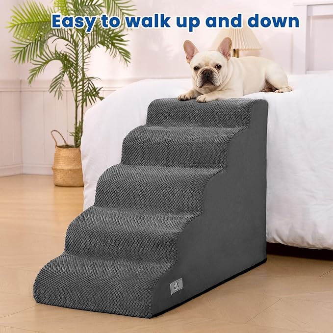 Airpanda 5 Step Dog Stairs for High Bed – Pet Steps for Small Dogs, Non-Slip Dog Ramp with Washable Cover, Pet Ladder for High Beds,Grey
