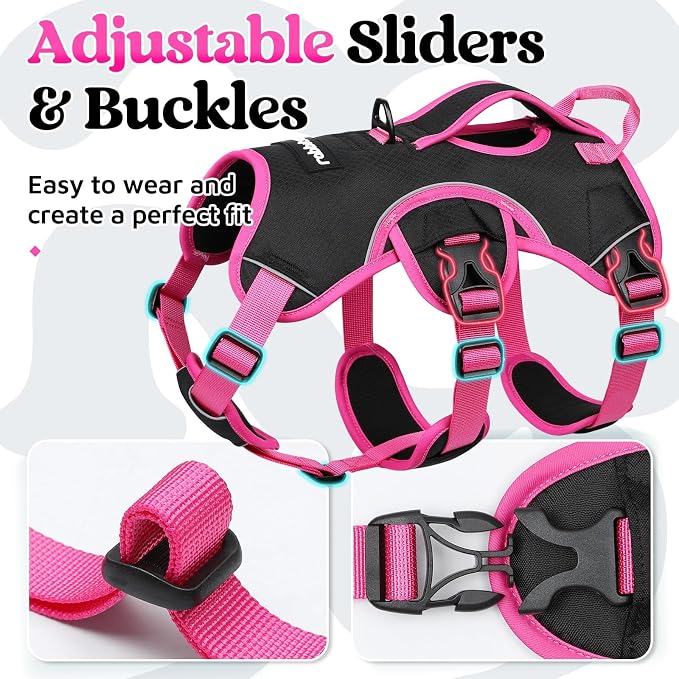 rabbitgoo Escape Proof Dog Harness for Large, No Pull with Lift Handle | No Escape, Full Soft Padded, Reflective Adjustable Vest, Leash Clip for Walking Hiking Training, Rose & Black, Large