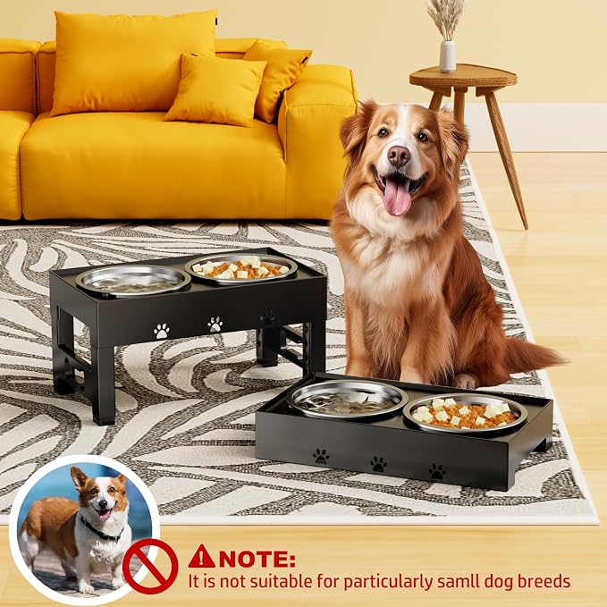 LAKIPETN Elevated Dog Bowls with Mat, Raised Dog Food Bowl Stand with 2 Stainless Steel Bowls, 5 Height Adjustable (3.1", 9", 10", 11", 12") Non-Slip Feeder Set for Medium and Large Dogs – Black