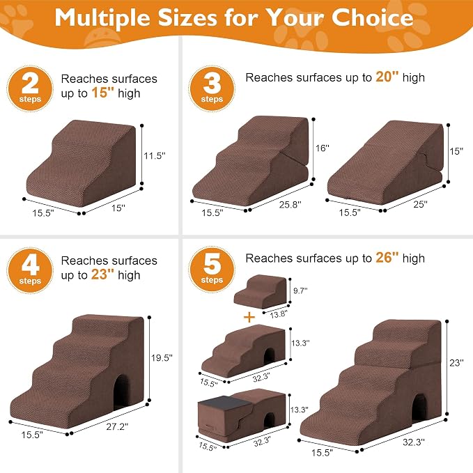 Dog Stairs for Bed 19.5’’ H, 4-Step Dog Steps for High Bed, Pet Stairs for Small Dogs and Cats to Get on Beds, Couch, Non-Slip Balanced Pet Steps and Ramp with Waterproof Cover and Tunnel, Brown