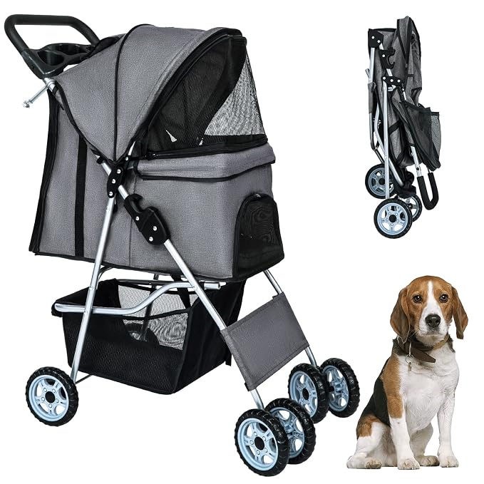 BestPet 4-Wheel Pet Stroller - Grey, Cup Holder
