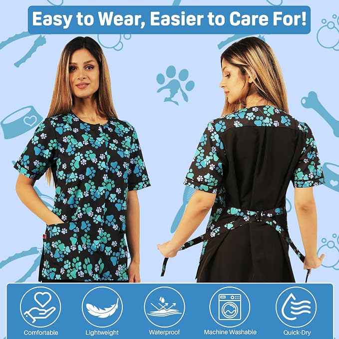 Ladybird Line 714 Blue Paw Print Waterproof Dog Grooming Smock, Hair Bleach Resistant Jacket, Solid Back, Adjustable Tie Belt