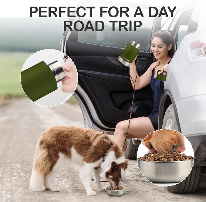 KEWIXY Insulated Dog Travel Water Bottle with Detachable Bowls, 32oz, Olive Green