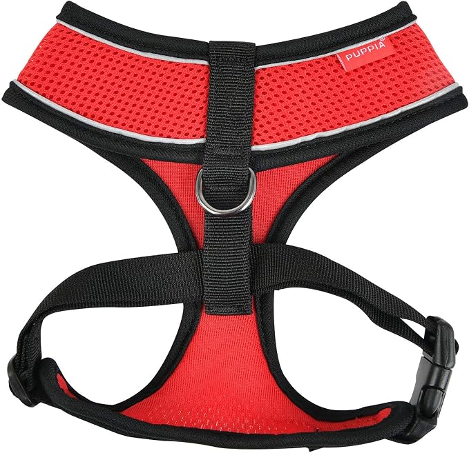 Puppia Soft Dog Harness Pro No Choke Over-The-Head Reflective Straps Triple Layered Breathable Mesh Adjustable Chest Belt and Quick-Release Buckle, RED, X-Large