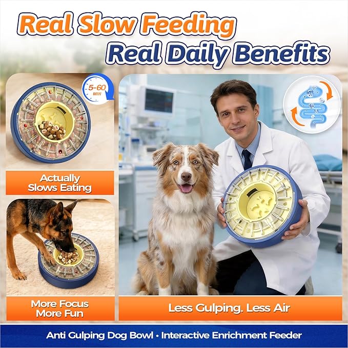 KADTC 5-60 Min Adjustable Slow Feeder Bowl for Fast Eaters, Spinning Dog Puzzle Feeder, Anti-Gulping Interactive Food Dispenser, 4-Cup Capacity, Mental Enrichment Treat Toy