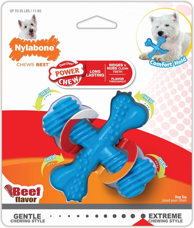 Nylabone Power Chew Comfort Hold X Bone Dog Chew Toy, Beef Flavor, Small | Small breeds, durable dog toys for dogs up to 25 lbs, teeth-cleaning textures, discourages destructive chewing, long lasting