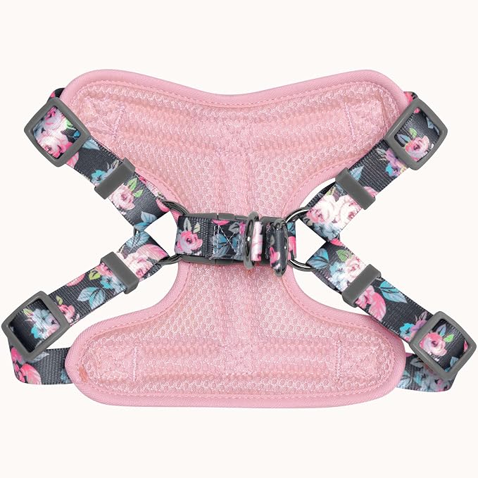 Blueberry Pet Black Pink Floral Mesh Dog Harness Vest, Soft Breathable Adjustable Dog Harness