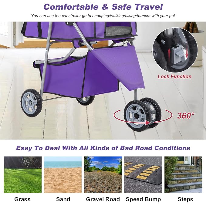 BestPet 3-Wheel Jogger Pet Stroller - Purple, Cup Holder & Removable Liner