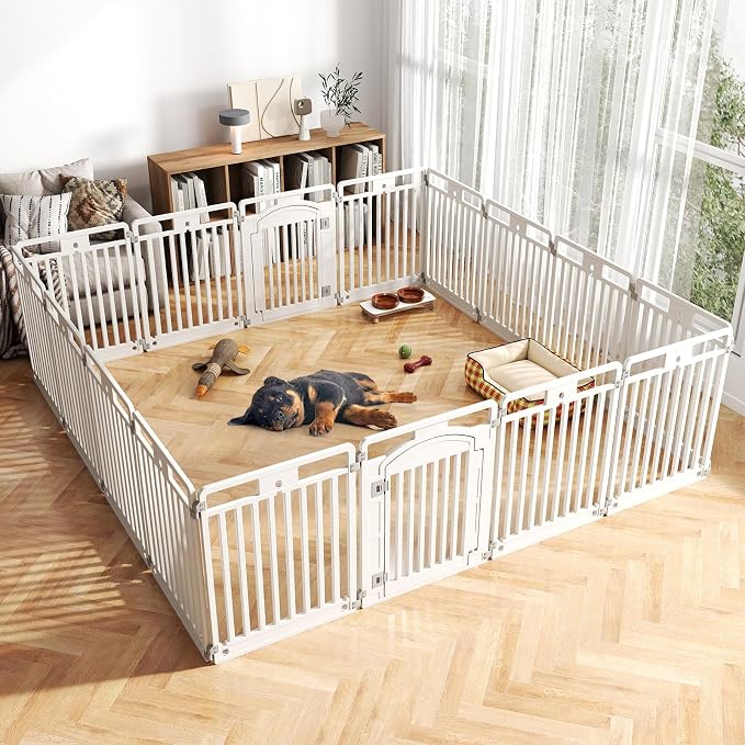 PETSITE 16-Panel Plastic Dog Playpen with Door, 32 Inch Tall Portable Shape-Customizable Pet Playpen Indoor Outdoor, Ideal for Small & Medium Dogs and Puppies, Easy to Assemble