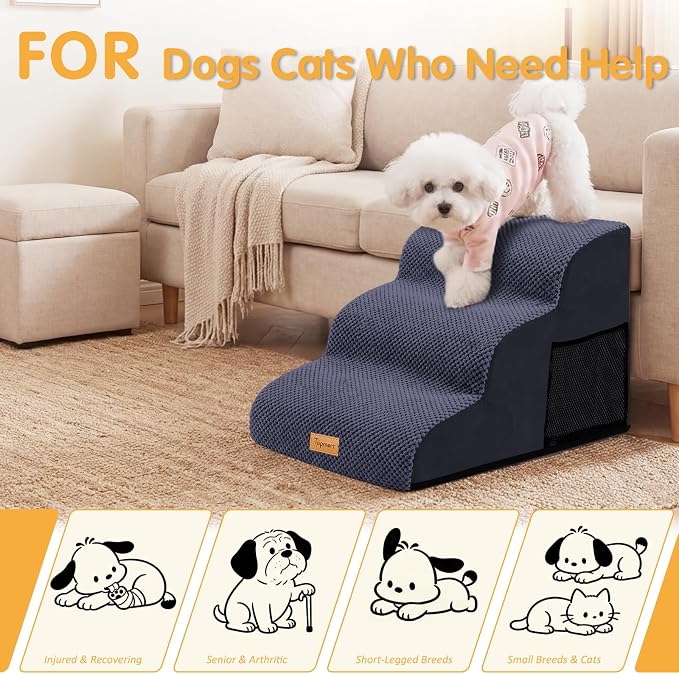 Topmart 3 Tiers Foam Dog Ramps/Steps,Non-Slip, Extra Wide Deep Dog Stairs,High Density Foam Pet Stairs/Ladder,Best for Older Cats,Small Pets,Blue