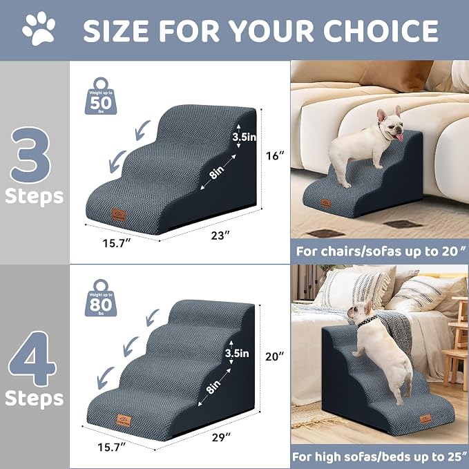 Zerbuger Dog Ramp and Stair for Bed 16" H-20 H,3-Step Cat Stair for Sofa and Chair,4-Step Dog Ramp for High Bed and Window,Durable Nonslip Fabric Cover for Indoor (Dark Grey-20 H, Pet Friendly, 4)