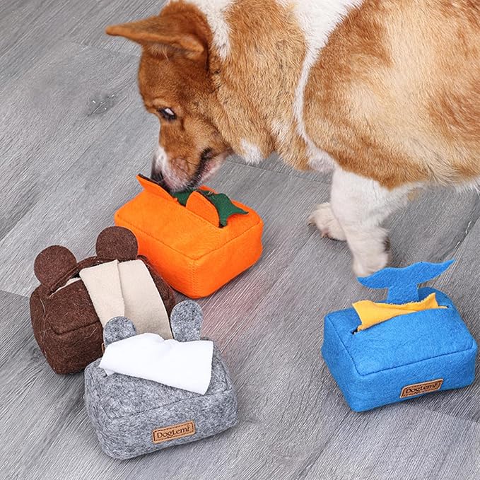 HDKUW 2PCS Dog Puzzle Toy, Dog Tissue Box Plush Toy, Interactive & Enriching Snuffle Game for Small Medium Dogs, Durable Hide and Seek Slowly Feeder Toy, Treat Dispensing & Nose Work Fun Brown Orange
