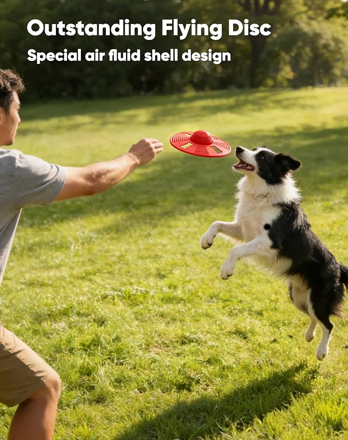Deeow Squeaky Natural Rubber Dog Flying Disc/Frisbee with Orange Ball Gift | Water-float Natural Rubber Dog Frisbee for Outdoor, Spaceship Shaped 6.5'' Squeaky Interactive Fetch Toy for Anxiety Relief