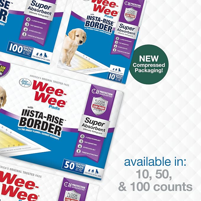 Four Paws Wee-Wee Super Absorbent Unscented Pee Pads for Dogs & Puppies with Insta-Rise Border, Leak-Proof Dog Housebreaking Potty Training Floor Protection, 22" x 23", 100 Count