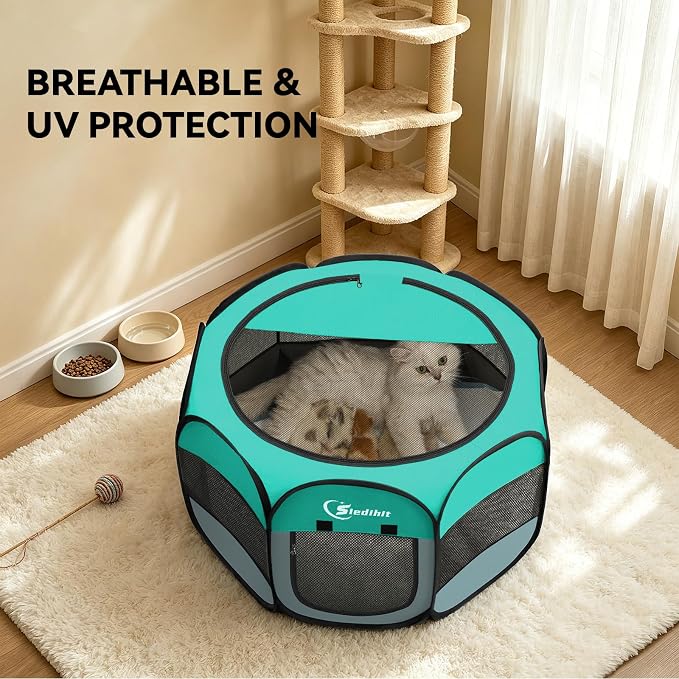 Siedihit Playpen for Small Dog Cat, Dogs Tent Crate Cage Indoor/Outdoor, Portable Pop Up Dog Kennel with Carrying Bag for Rabbits, Removable Top (Green, Small)