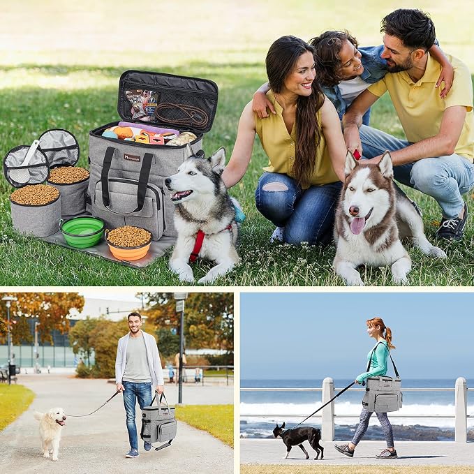 Modoker Dog Travel Organizer with 2 Collapsible Bowls & Food Containers