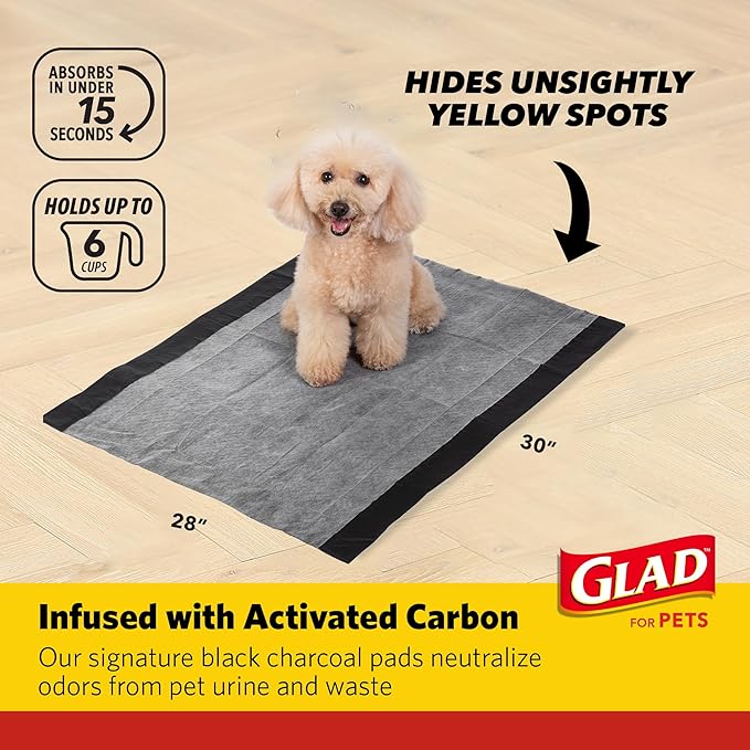 Glad for Pets Extra Large Charcoal Training Pads for Dogs and Puppies, Activated Carbon Odor Control, 6-Layer Absorbent Leak-Proof Pee Pads with Pheromone Attractant, 28 x 30 in, 30 Count - 2 Pack
