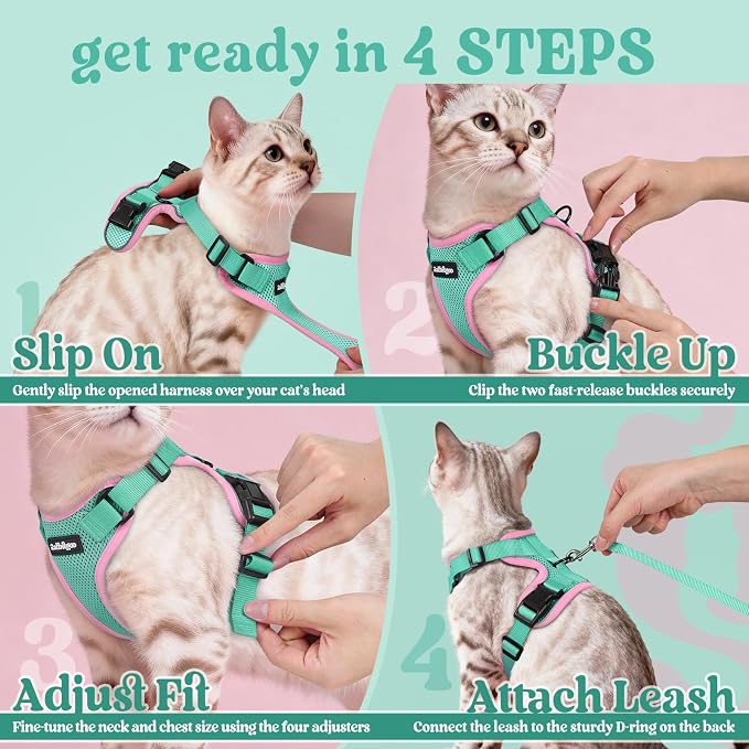 rabbitgoo Cat Harness and Leash Set, Escape Proof Vest, Green & Pink | Soft Breathable Mesh, Easy Adjustable Fit, Snap Buckles, Sturdy Clip, Reflective Strips, for Medium to Large Cats Walks, M