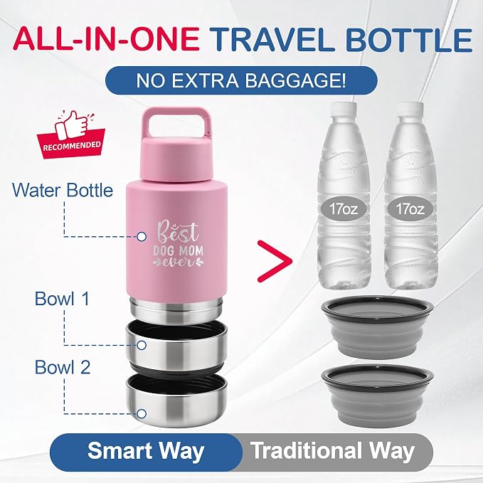 KEWIXY Insulated Dog Travel Water Bottle with Detachable Bowls, 32oz, Pink: Best Dog Mom
