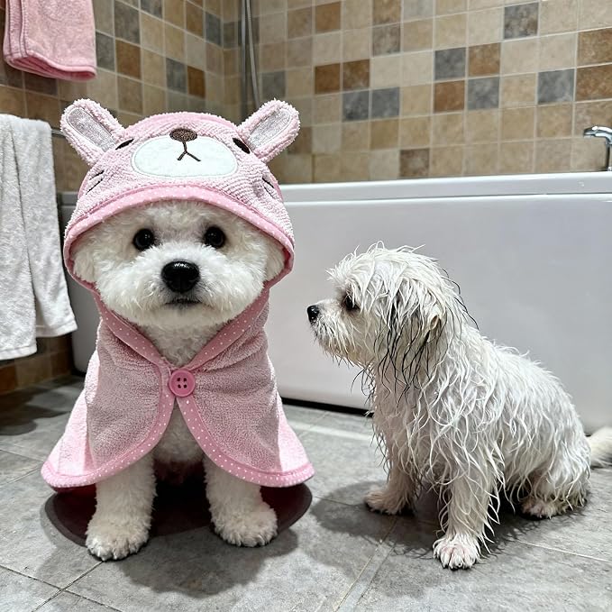 Dog Hooded Bathrobe Towel, Fast Drying Bath Towel Absorbent Warm Blanket Pink S