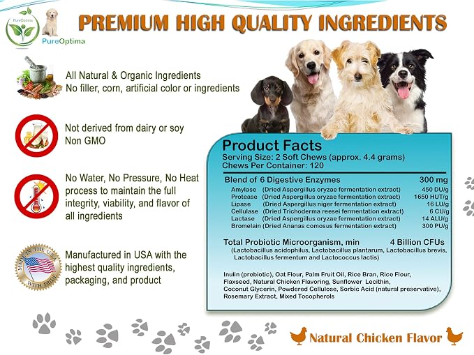 Probiotics Chews for Dogs, Digestive Enzymes + Prebiotics Improves Digestion, Diarrhea, Constipation, Gas, Bad Breath, Leaky Gut, Allergy Immunity Daily Supplement 120 Counts