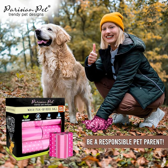 Parisian Pet Ecofriendly Dog Poop Bags Rolls - 320 Count Unscented Poop Bags For Dogs - Leakproof, Extra Thick, 16 Dog Waste Bags Refill Rolls - Stripes Dots Pink Doggie Poop Bags
