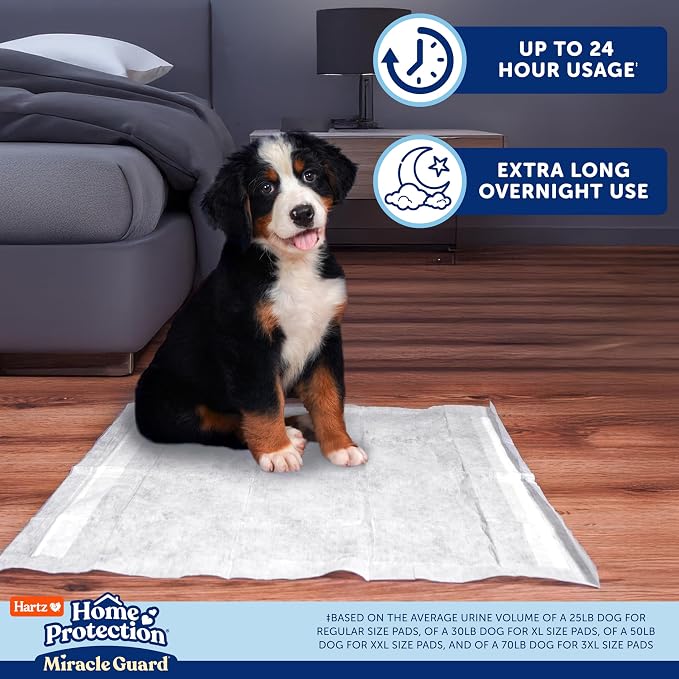 Hartz Miracle Guard Dog and Puppy Dog Pads Max Absorbency 24 Hour Use Odor Eliminating No Leaks, Regular Size 50 Count