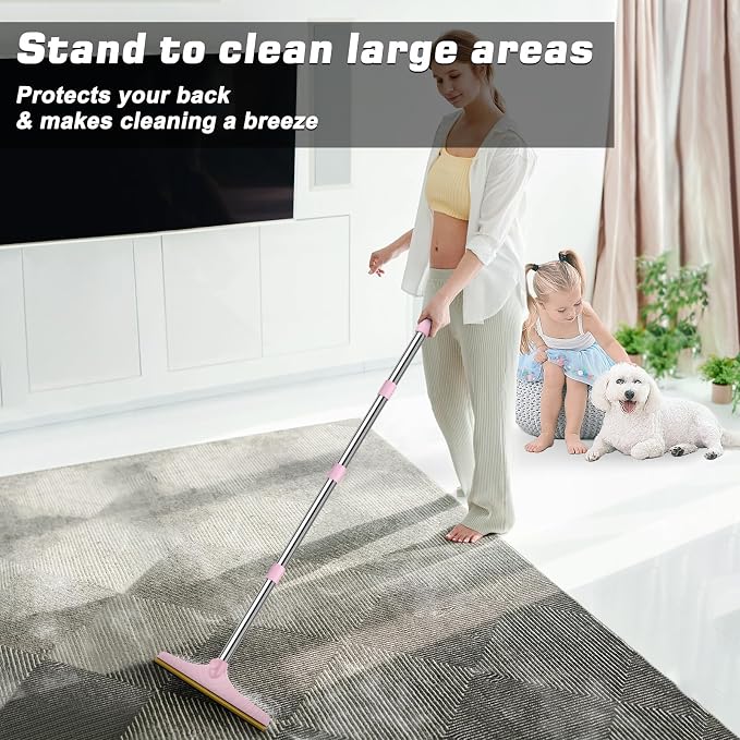 B-Land Carpet Rake for Pet Hair Removal, Reusable Pet Hair Remover with 60” Adjustable Long Handle, Carpet Scraper Dog Cat Hair Remover Tool for Rugs, Mats, Couch, Furniture Pink