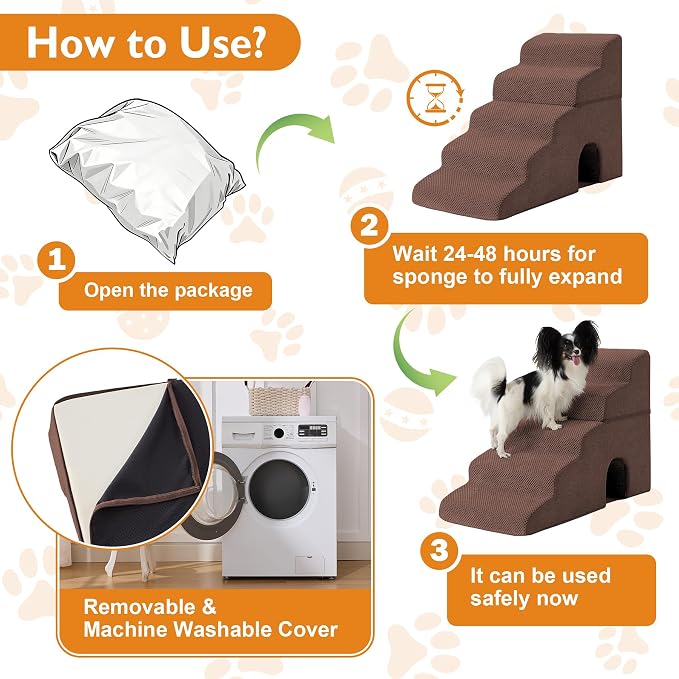 Dog Stairs for Bed 23’’ H, 5-Step Dog Steps for High Bed, Foldable Pet Stairs for Small Dogs and Cats to Get on Beds, Couch, Non-Slip Balanced Pet Steps and Ramp with Waterproof Cover, Brown