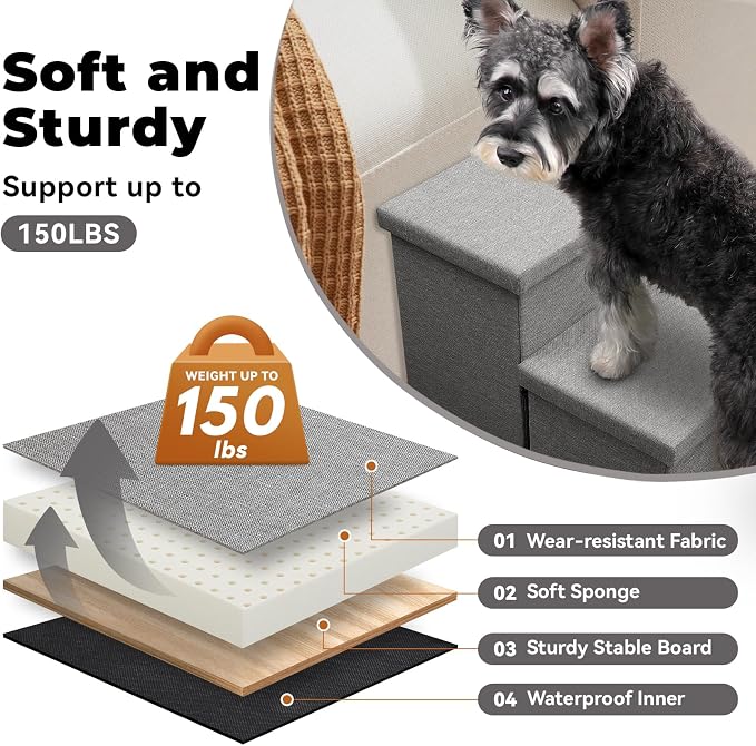 Zerbuger Dog Stairs 15" H, 2-Step Wider Dog Steps for Small/Medium/Large Old Dogs Cats, Folding Sturdy Storage Pet Stairs Climbing Bed Couch, Dog Ramp for Car Hold Up to 150 lbs(Gray, with Condo)