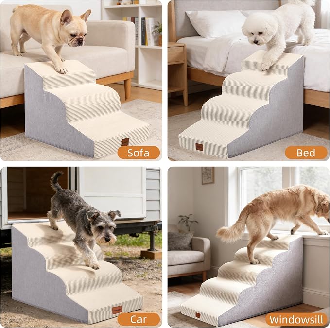 Dog Stairs for Small Dogs,19.7" H,4-Step Curved Pet Ramp for Bed Couch Sofa and Chair,Non-Slip Pet Steps for Injured & Senior Pets with Washable Cover and Durable High Density Foam,Beige