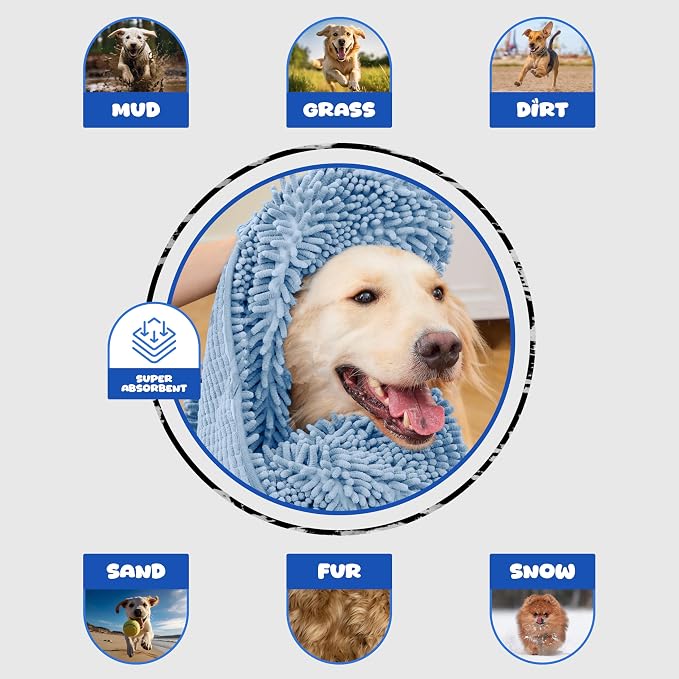 Microfiber Dog Towel for Fast Dog Drying, Super Absorbent Dog Towels for Drying Dogs Large & Small, Quick Dry Pet Towel with Hand Pockets, Soft Durable Puppy Towel-Blue