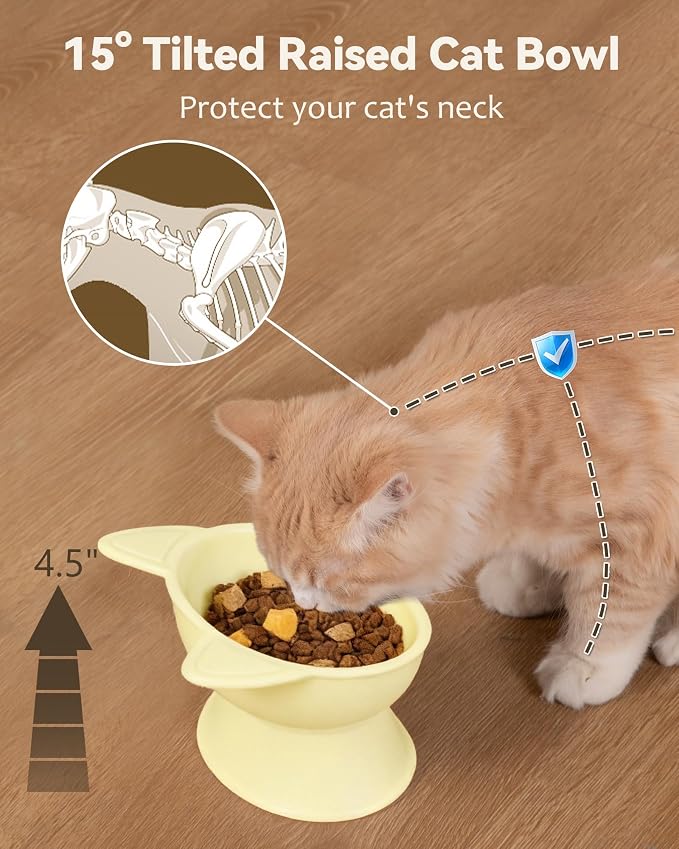 MateeyLife Elevated Cat Bowls, 2P Raised Food and Water Bowl Set for Indoor Cats & Small Dogs, Whisker Fatigue Cat Bowl, Anti Vomit Feeding Pet Bowls, 6 oz Each, Dishwasher Safe - Blue & Yellow