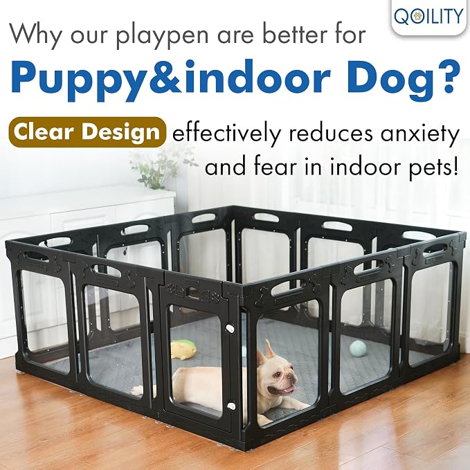 12 Panels Clear Dog Playpen, Modular 2 Room & Toilet Area, Height 30", Ideal for Small & Toy Dogs, Black