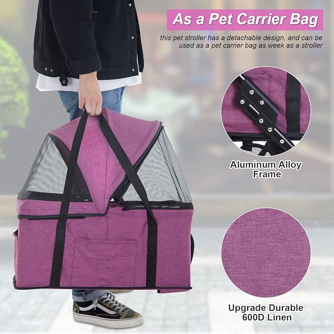 BestPet Premium 3-in-1 Pet Stroller - Purple, 3-Wheel